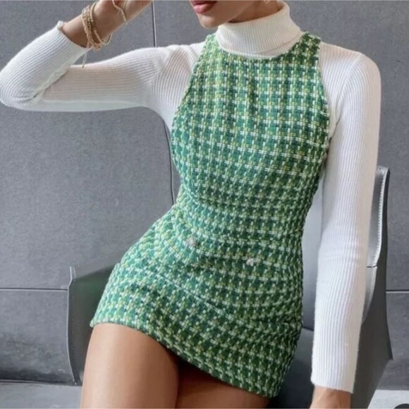 Zara Green Houndstooth Tweed Pinafore Mini Dress Sleeveless Textured Cotton XS - Picture 2 of 16